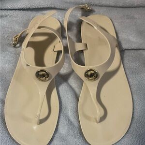 Michael Kors Cream Logo Thong Sandals with Gold Emblem